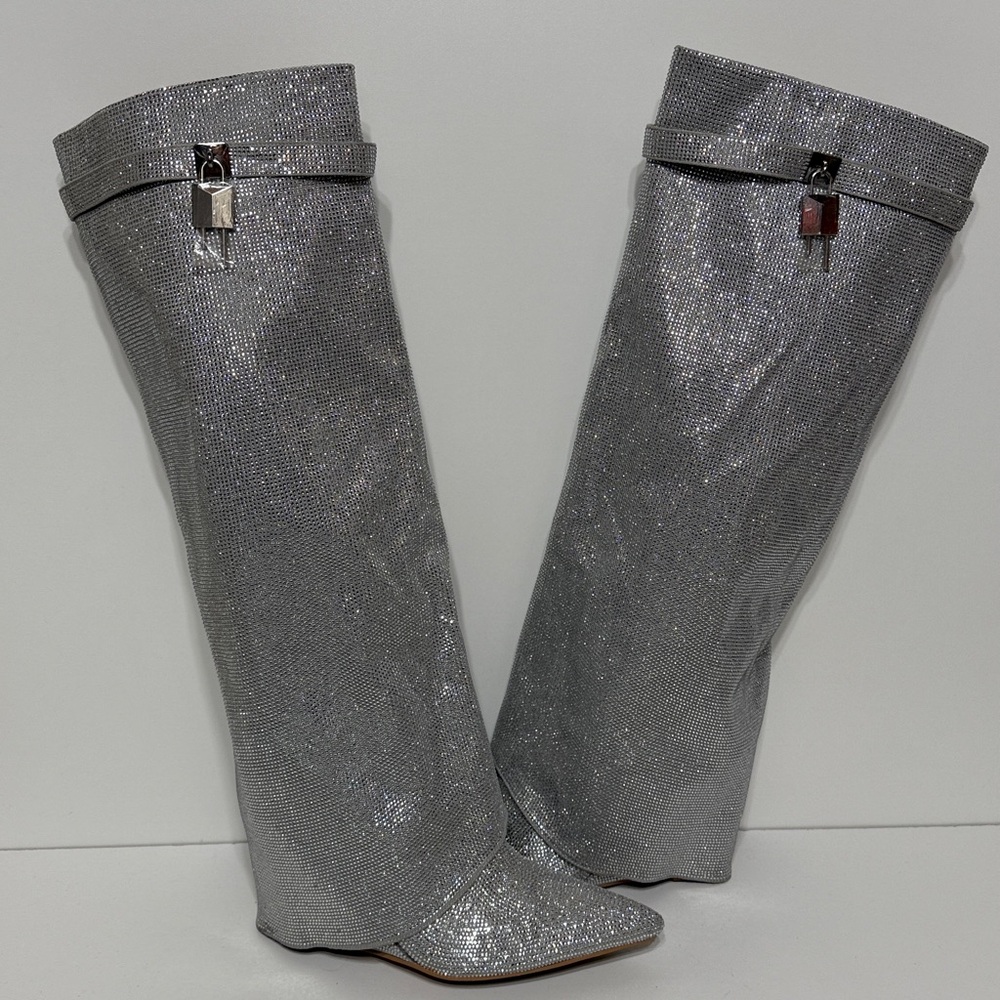 Fashion Nova Metallic Silver Rhinestone Wedge Knee Boots